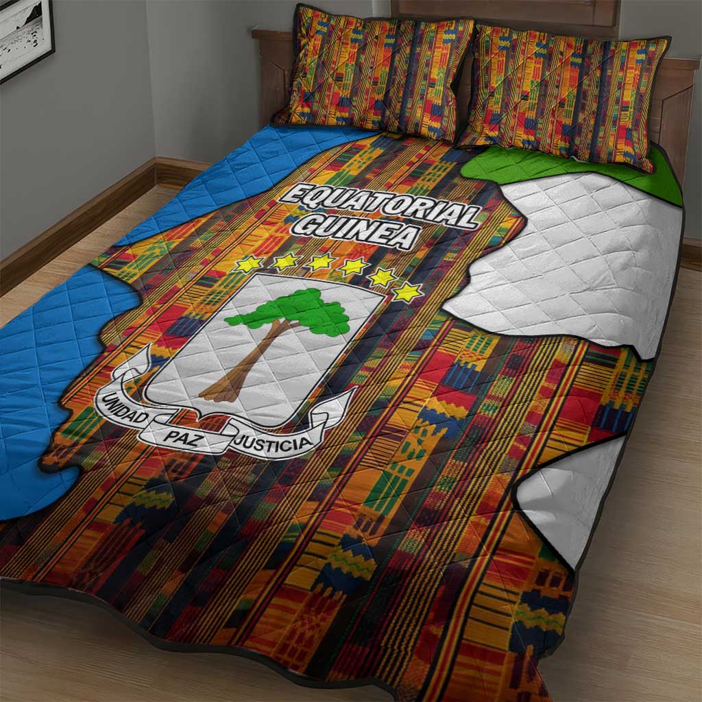 Equatorial Guinea Kente Quilt Bed Set with Tribal Mask and National Coat of Arms