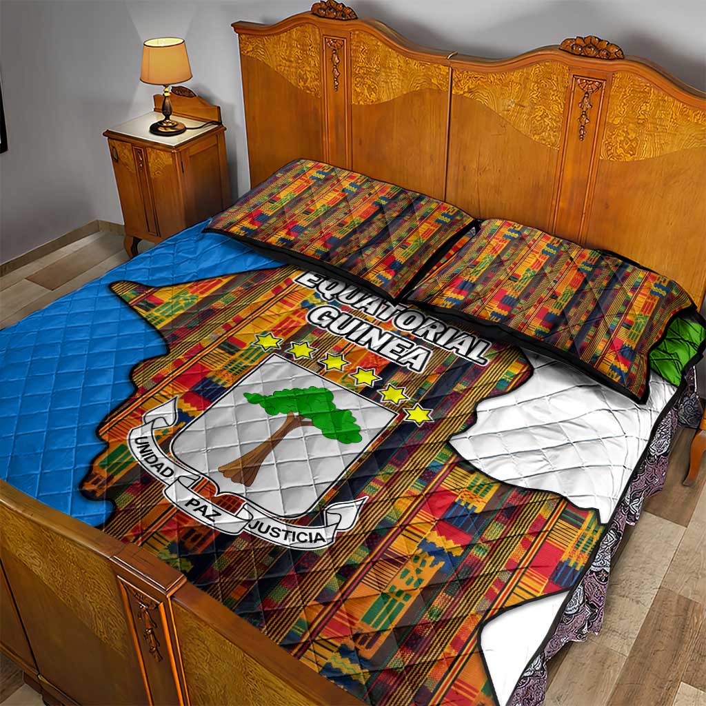Equatorial Guinea Kente Quilt Bed Set with Tribal Mask and National Coat of Arms