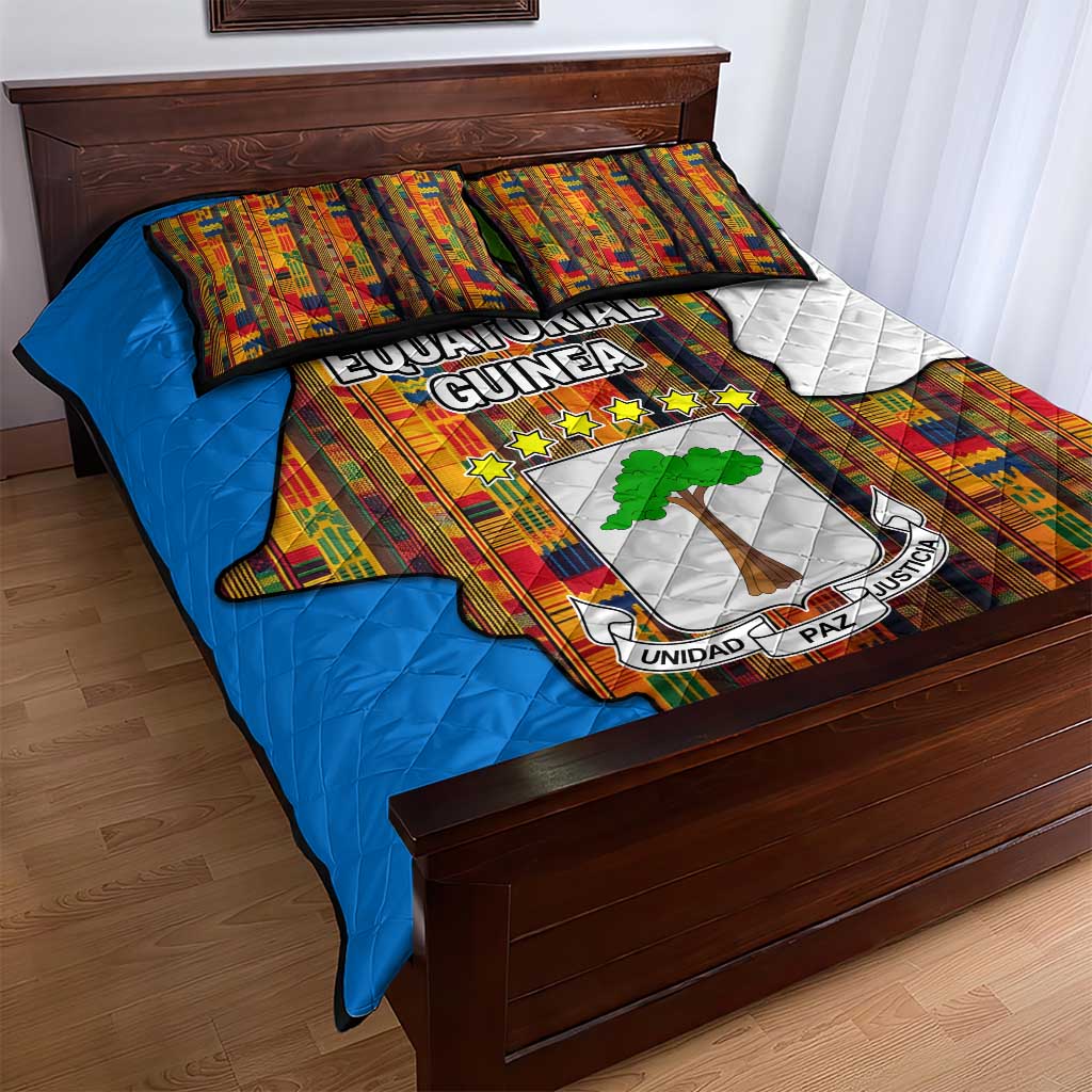Equatorial Guinea Kente Quilt Bed Set with Tribal Mask and National Coat of Arms