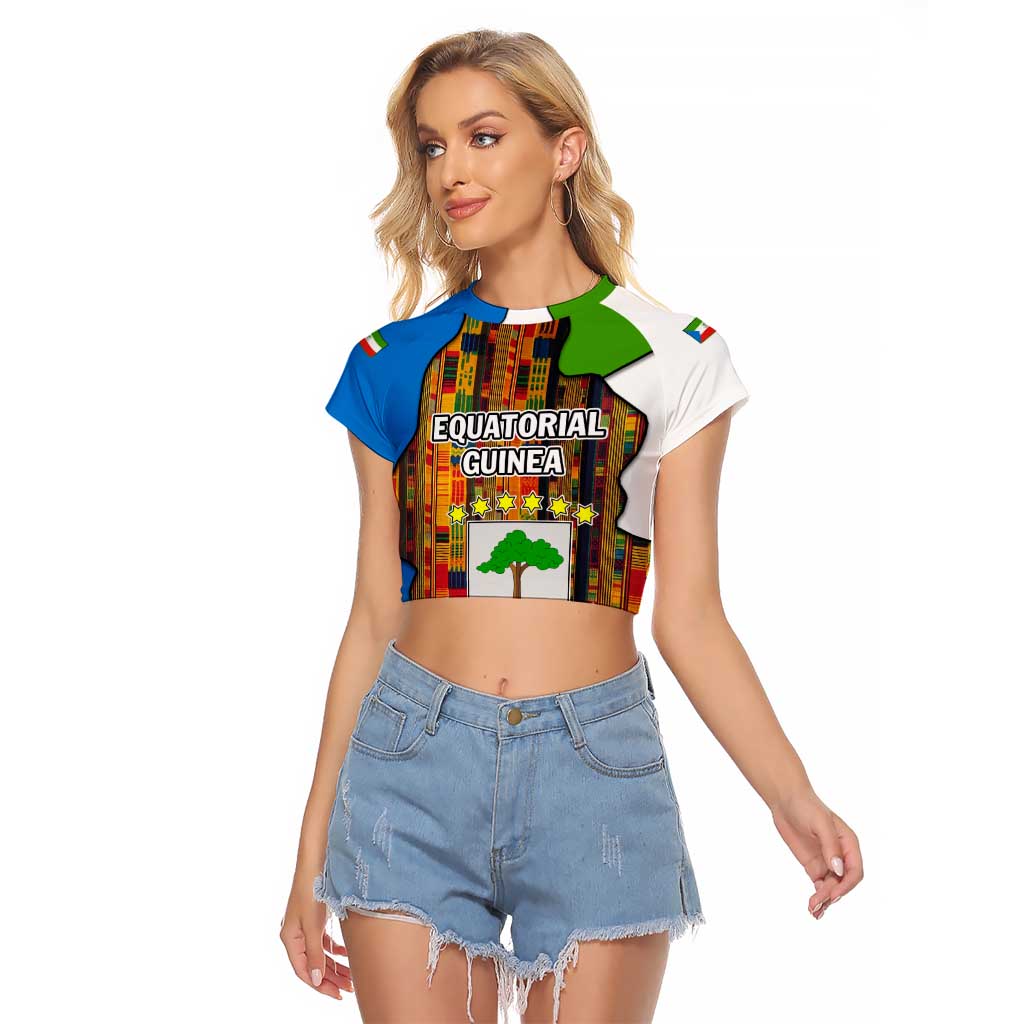 Equatorial Guinea Kente Raglan Cropped T Shirt with Tribal Mask and National Coat of Arms