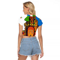 Equatorial Guinea Kente Raglan Cropped T Shirt with Tribal Mask and National Coat of Arms