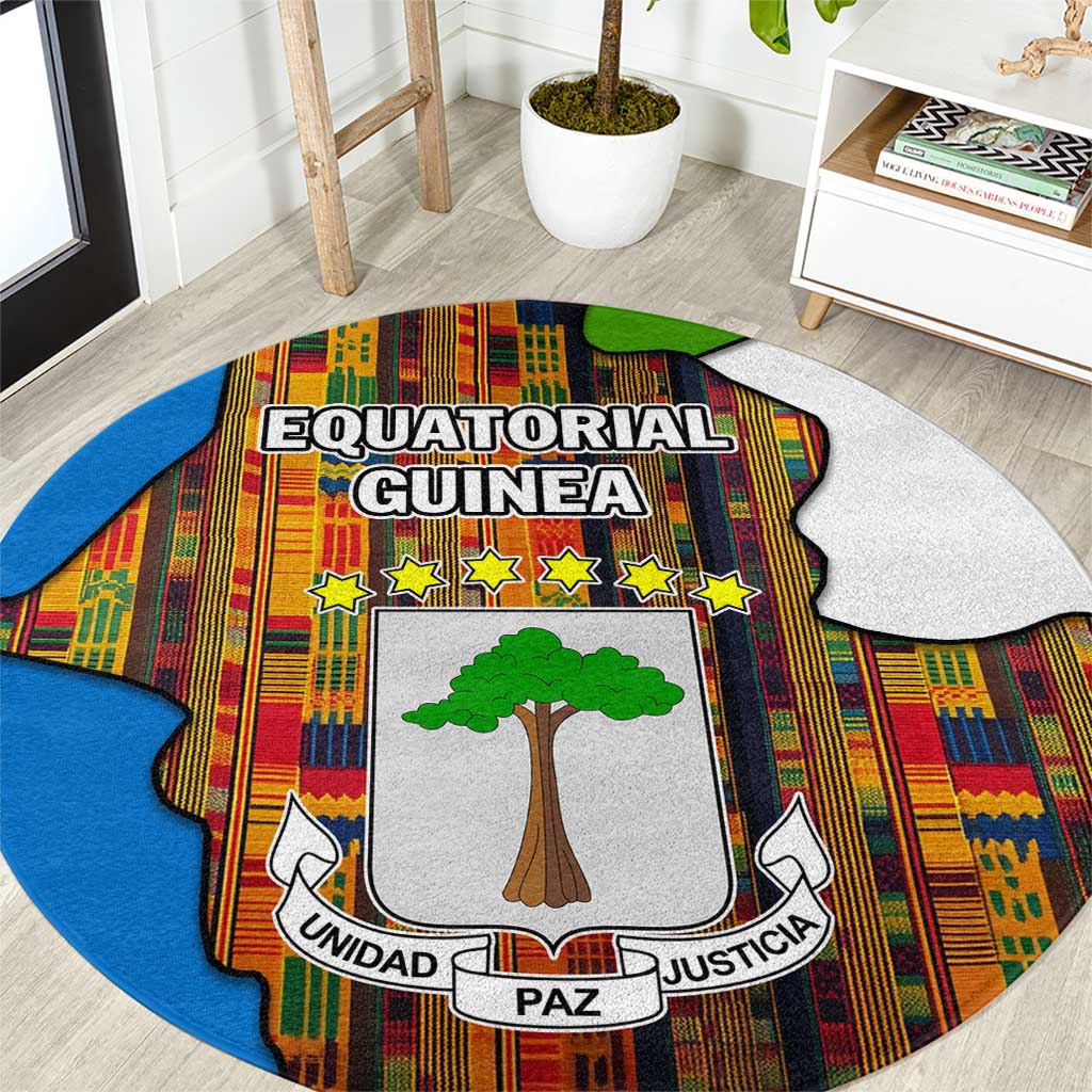 Equatorial Guinea Kente Round Carpet with Tribal Mask and National Coat of Arms
