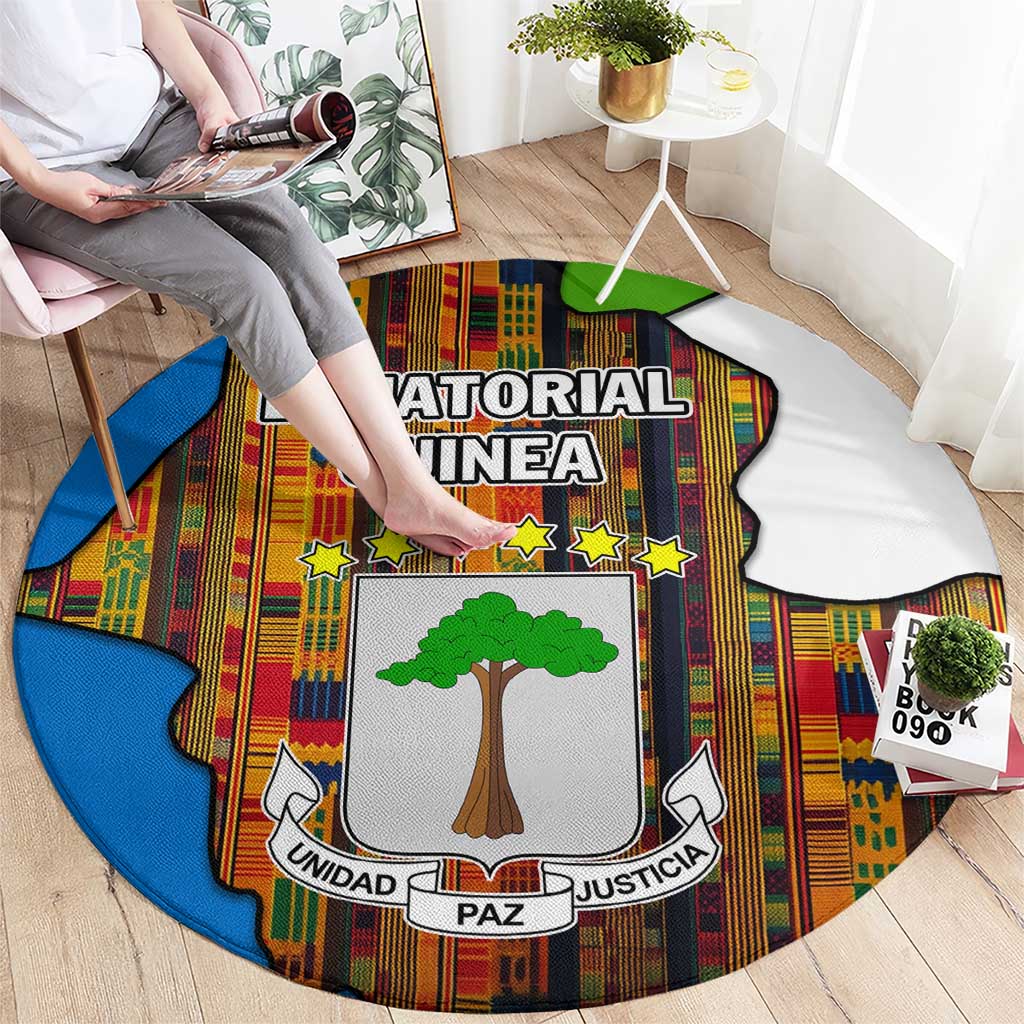 Equatorial Guinea Kente Round Carpet with Tribal Mask and National Coat of Arms