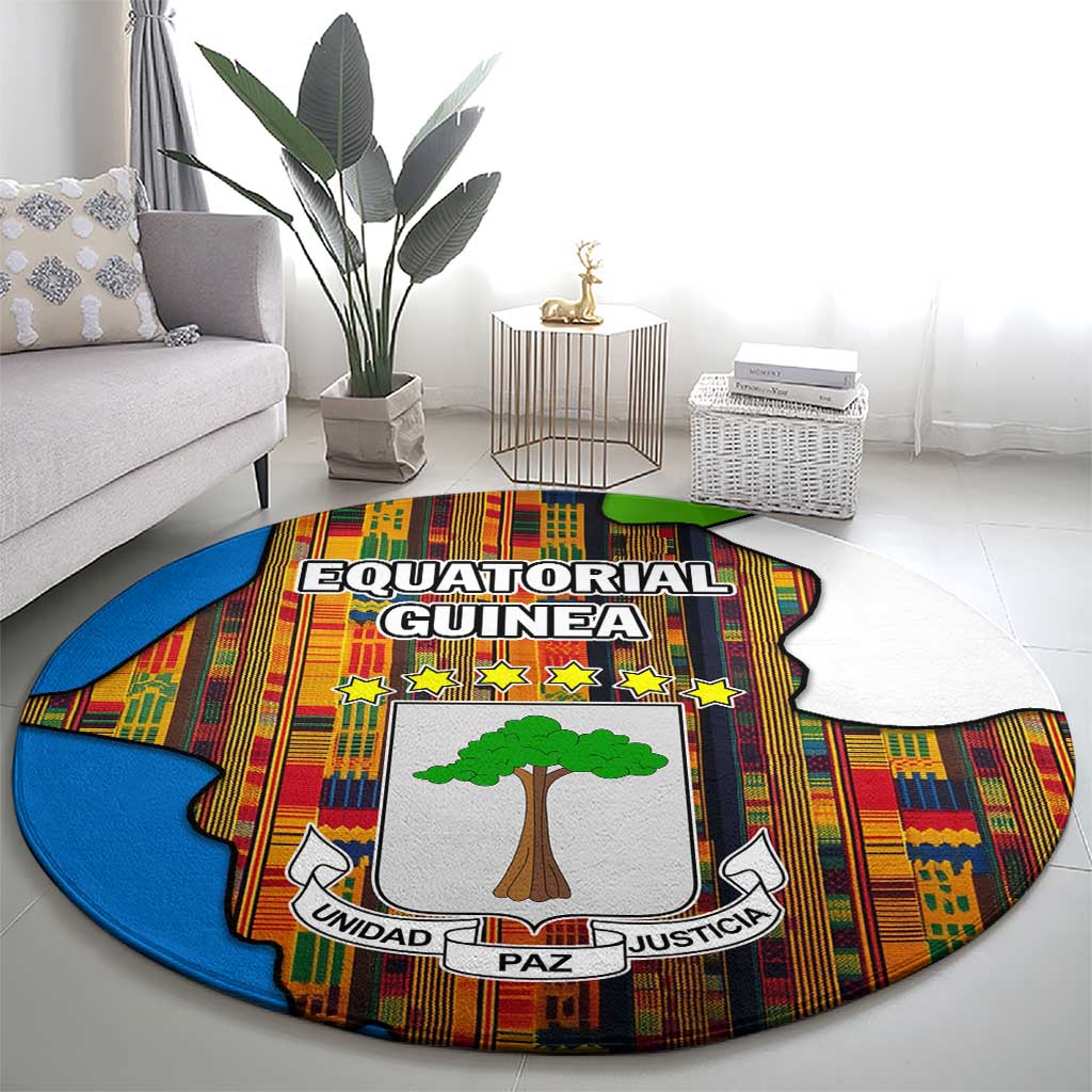 Equatorial Guinea Kente Round Carpet with Tribal Mask and National Coat of Arms