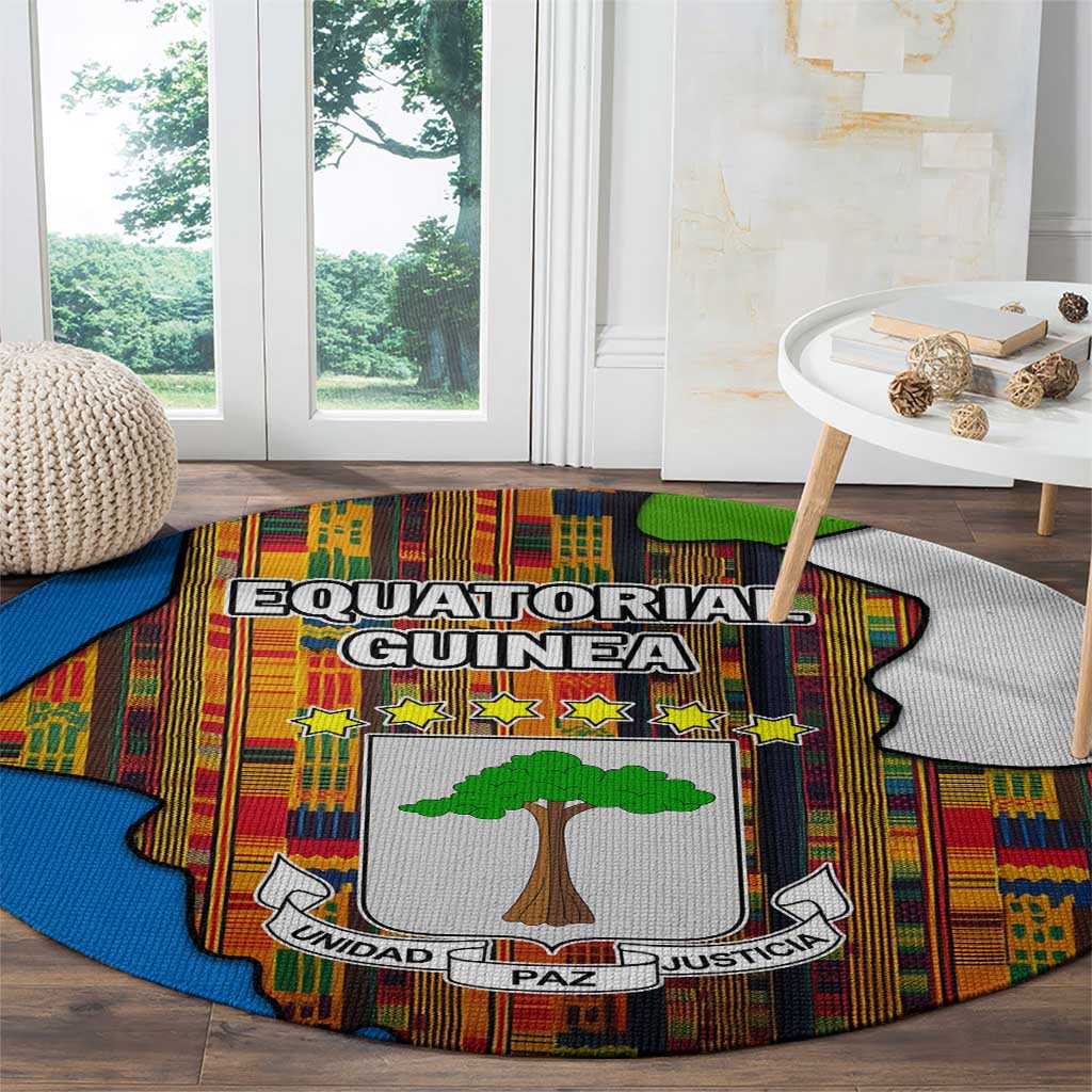 Equatorial Guinea Kente Round Carpet with Tribal Mask and National Coat of Arms