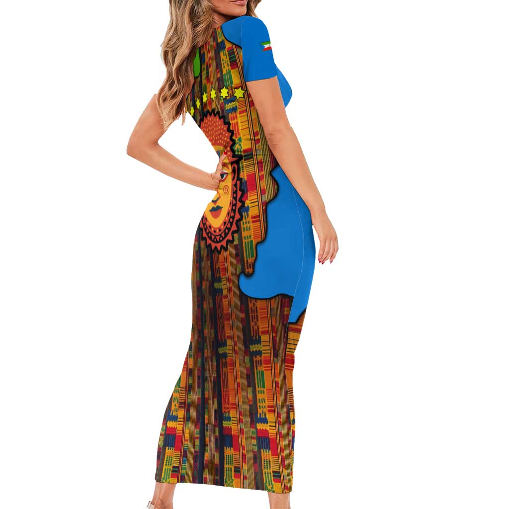 Equatorial Guinea Kente Short Sleeve Bodycon Dress with Tribal Mask and National Coat of Arms