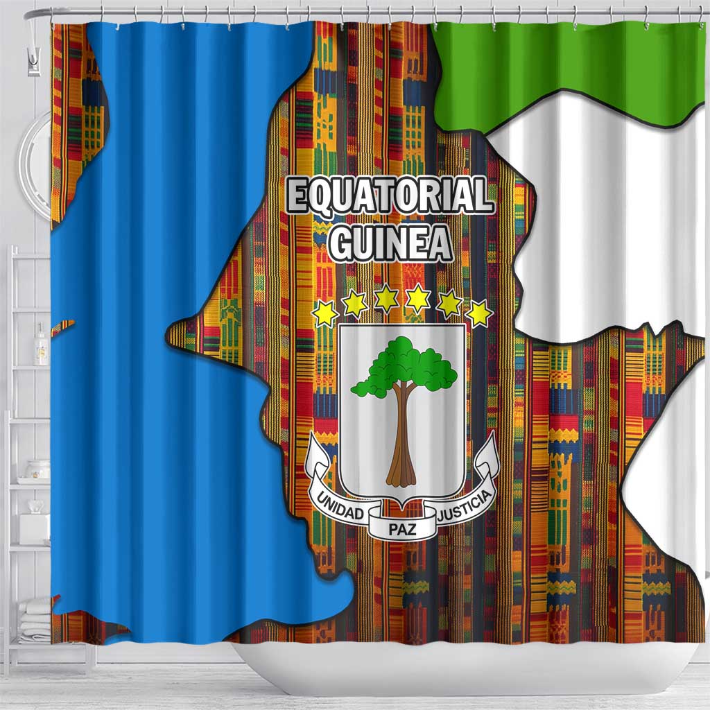 Equatorial Guinea Kente Shower Curtain with Tribal Mask and National Coat of Arms