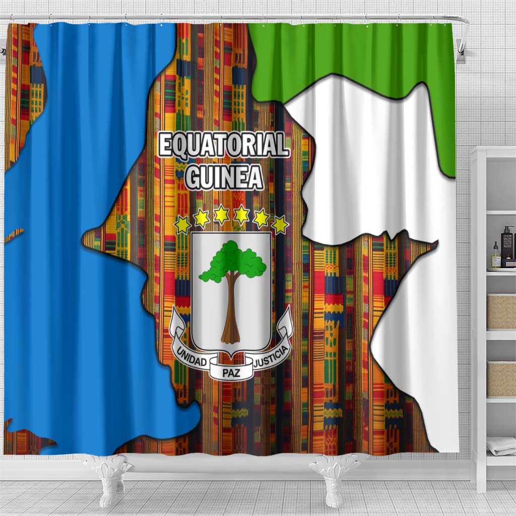 Equatorial Guinea Kente Shower Curtain with Tribal Mask and National Coat of Arms