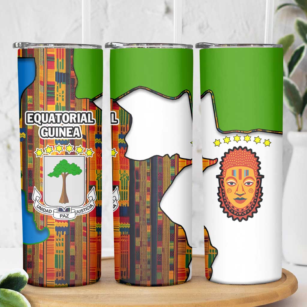 Equatorial Guinea Kente Skinny Tumbler with Tribal Mask and National Coat of Arms