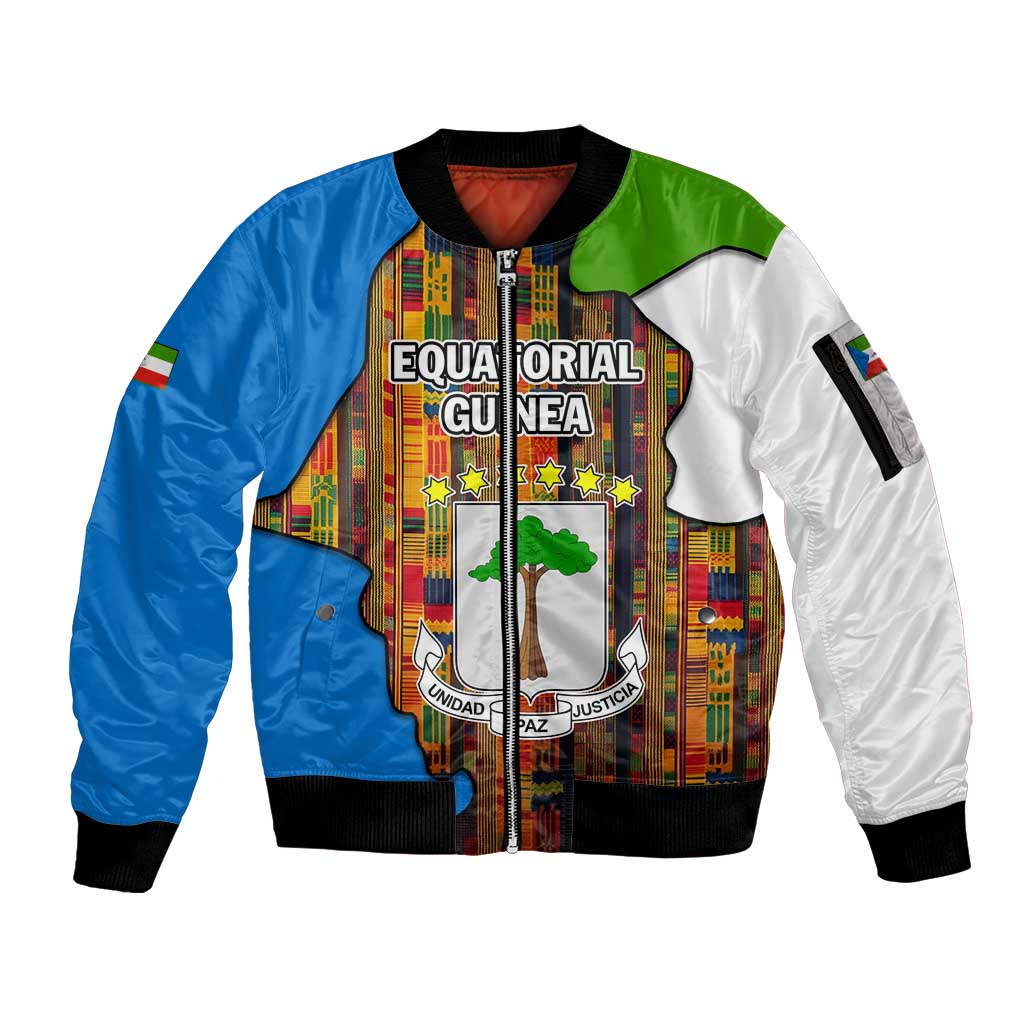 Equatorial Guinea Kente Sleeve Zip Bomber Jacket with Tribal Mask and National Coat of Arms