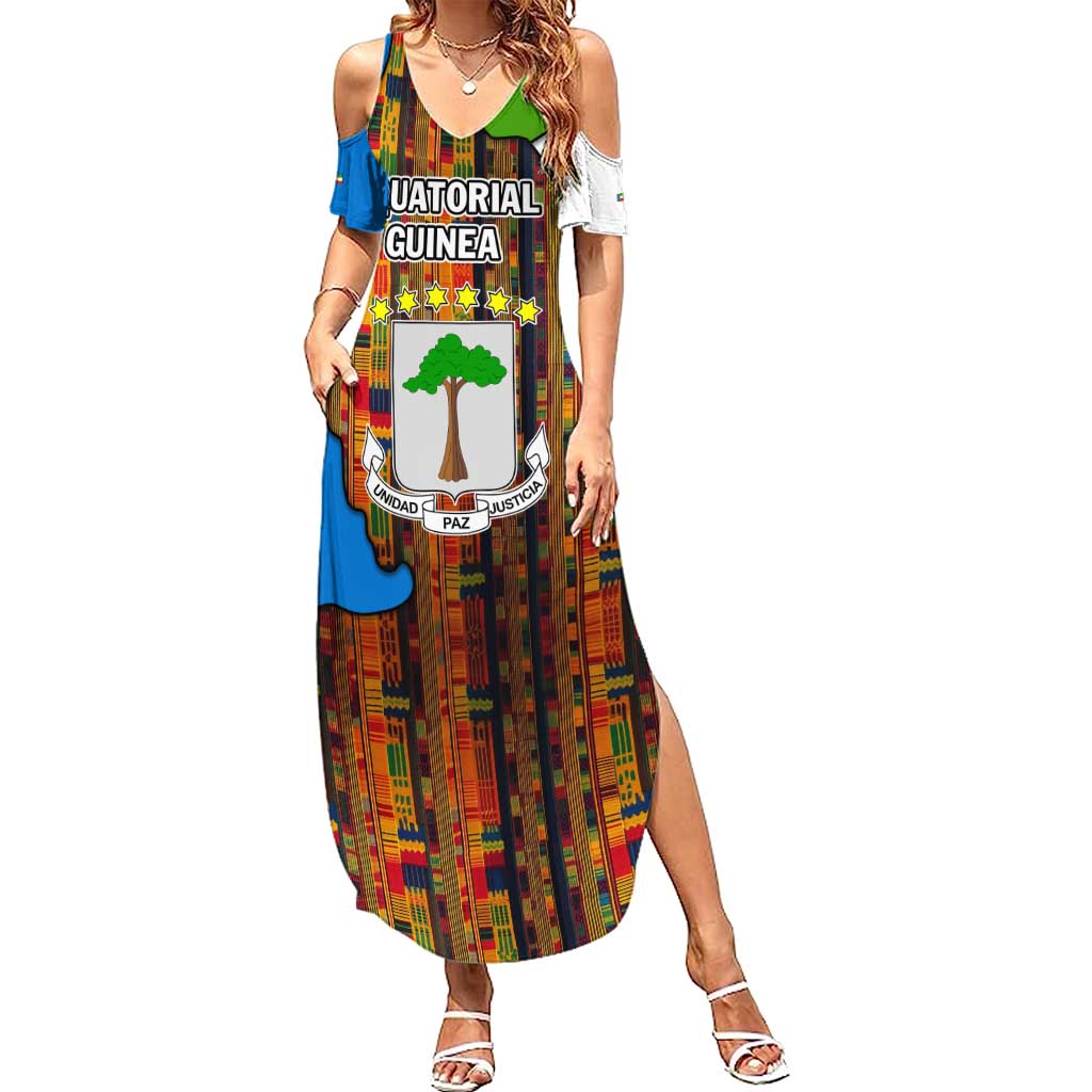 Equatorial Guinea Kente Summer Maxi Dress with Tribal Mask and National Coat of Arms