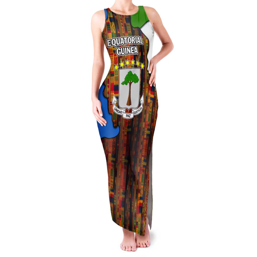 Equatorial Guinea Kente Tank Maxi Dress with Tribal Mask and National Coat of Arms