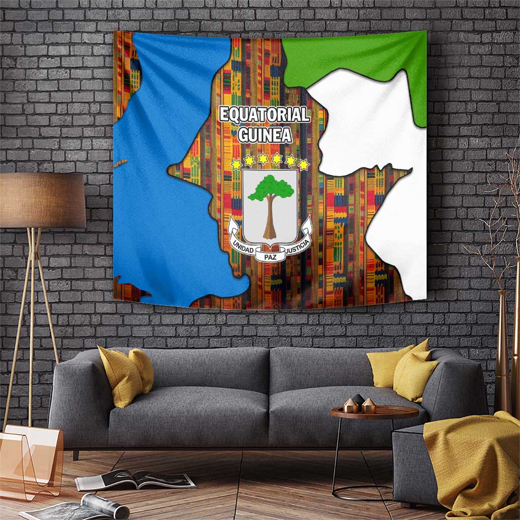 Equatorial Guinea Kente Tapestry with Tribal Mask and National Coat of Arms