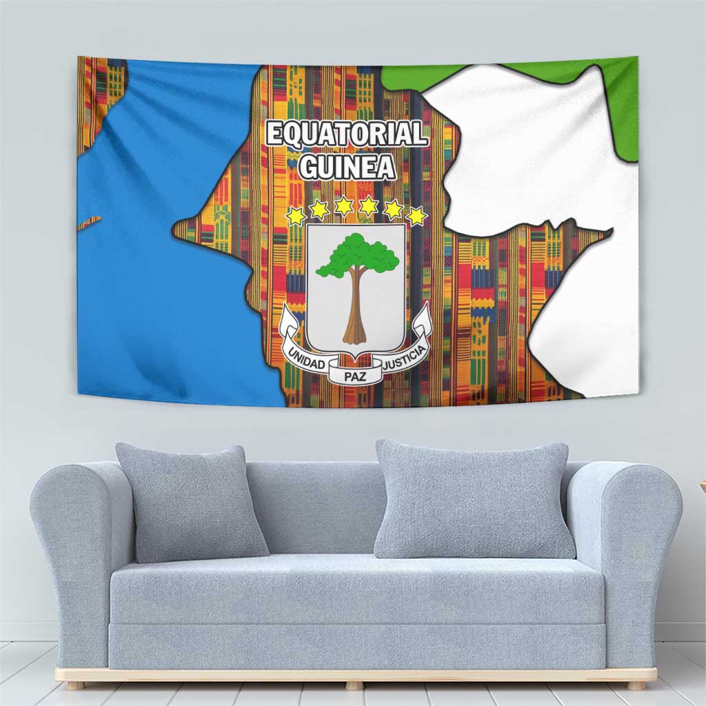 Equatorial Guinea Kente Tapestry with Tribal Mask and National Coat of Arms