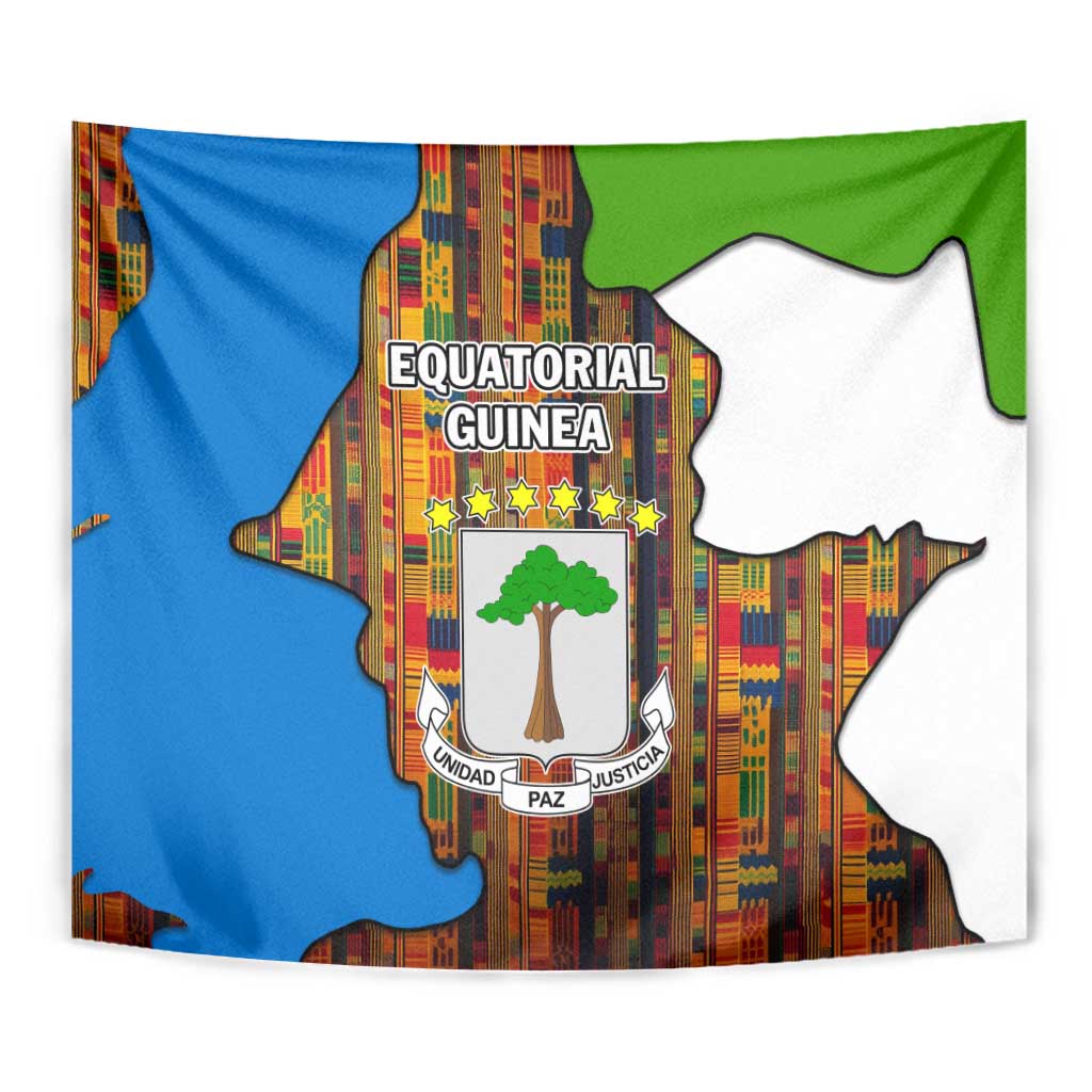 Equatorial Guinea Kente Tapestry with Tribal Mask and National Coat of Arms