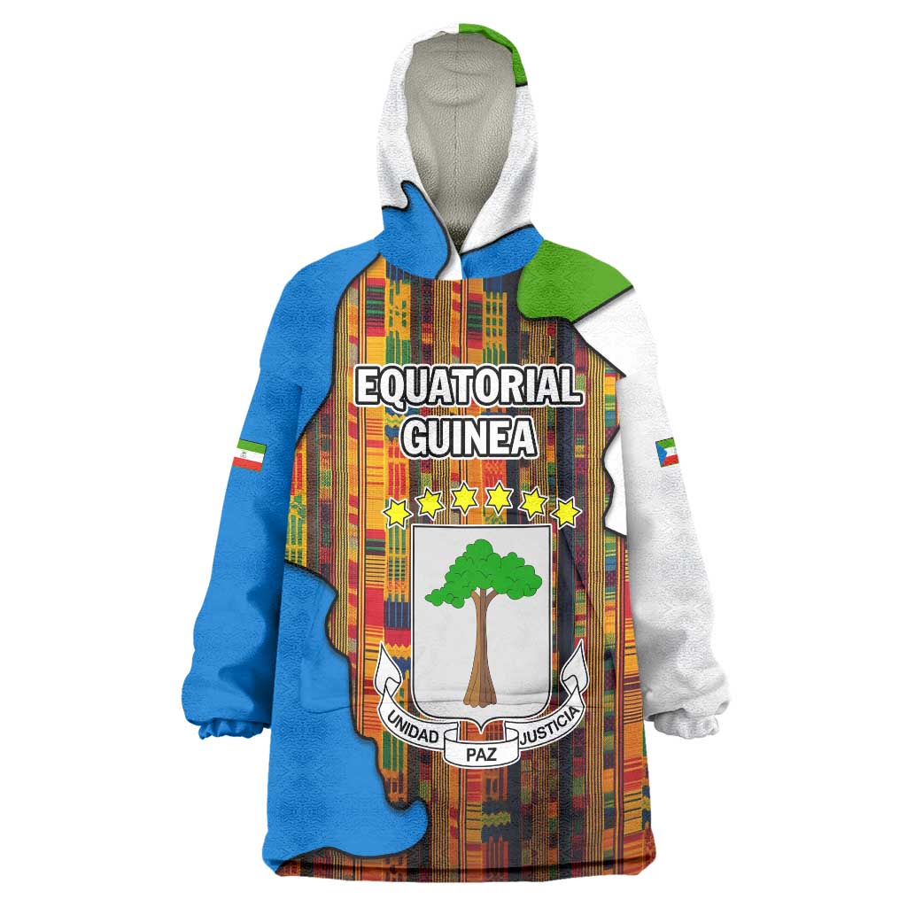Equatorial Guinea Kente Wearable Blanket Hoodie with Tribal Mask and National Coat of Arms