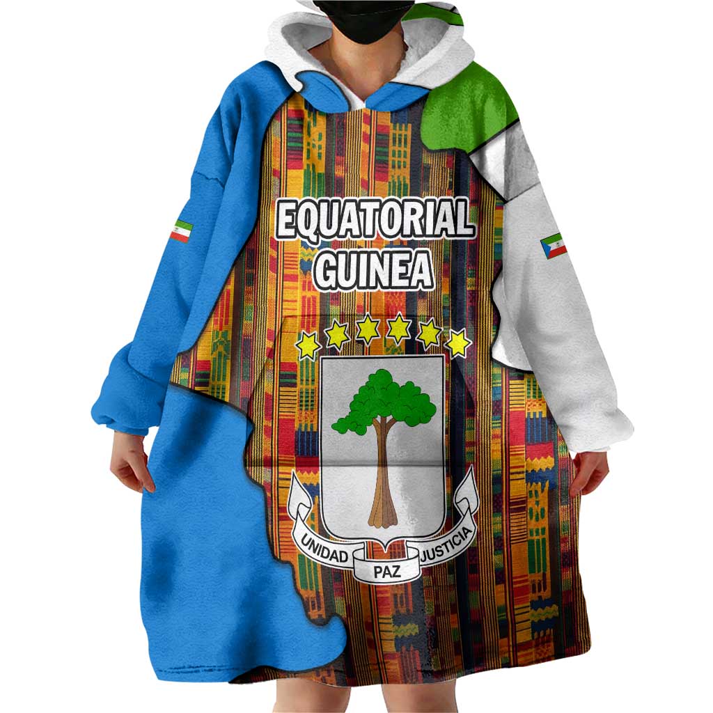 Equatorial Guinea Kente Wearable Blanket Hoodie with Tribal Mask and National Coat of Arms