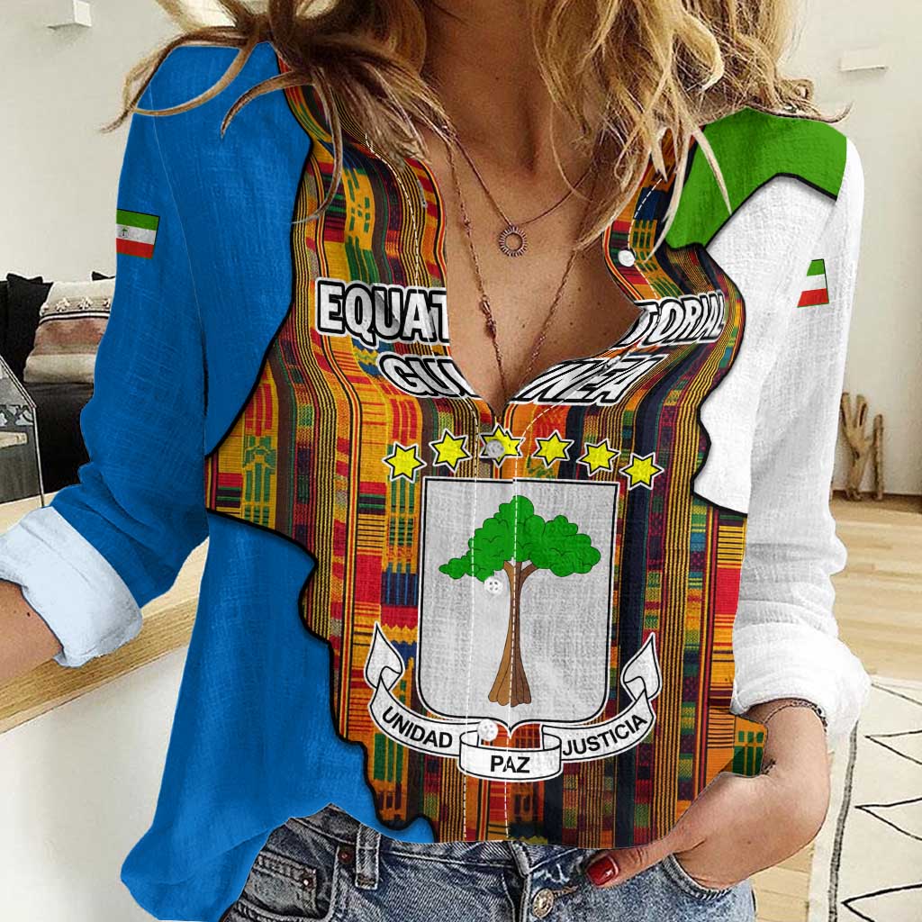 Equatorial Guinea Kente Women Casual Shirt with Tribal Mask and National Coat of Arms