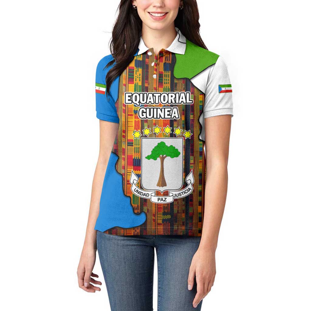 Equatorial Guinea Kente Women Polo Shirt with Tribal Mask and National Coat of Arms