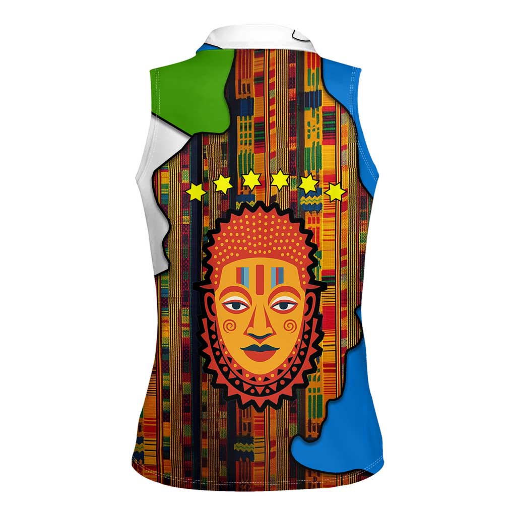Equatorial Guinea Kente Women Sleeveless Polo Shirt with Tribal Mask and National Coat of Arms