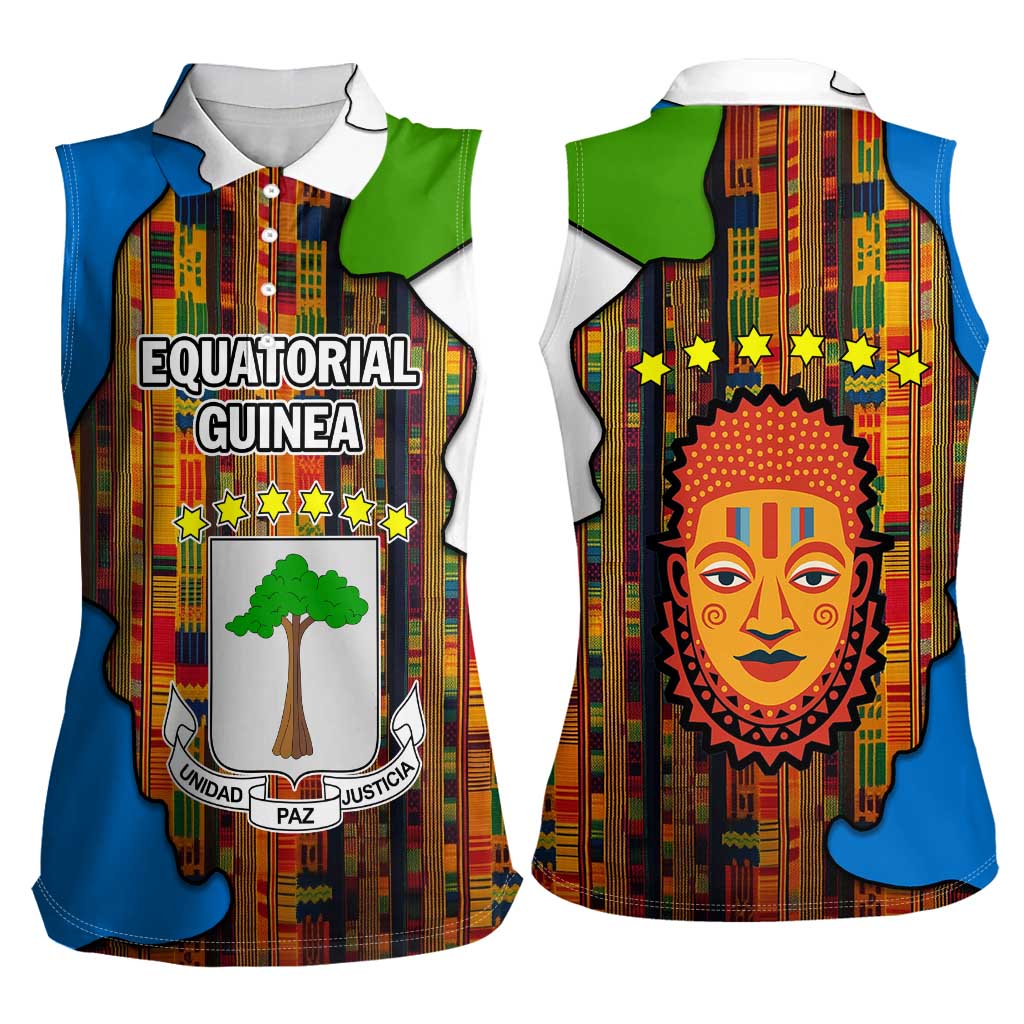 Equatorial Guinea Kente Women Sleeveless Polo Shirt with Tribal Mask and National Coat of Arms