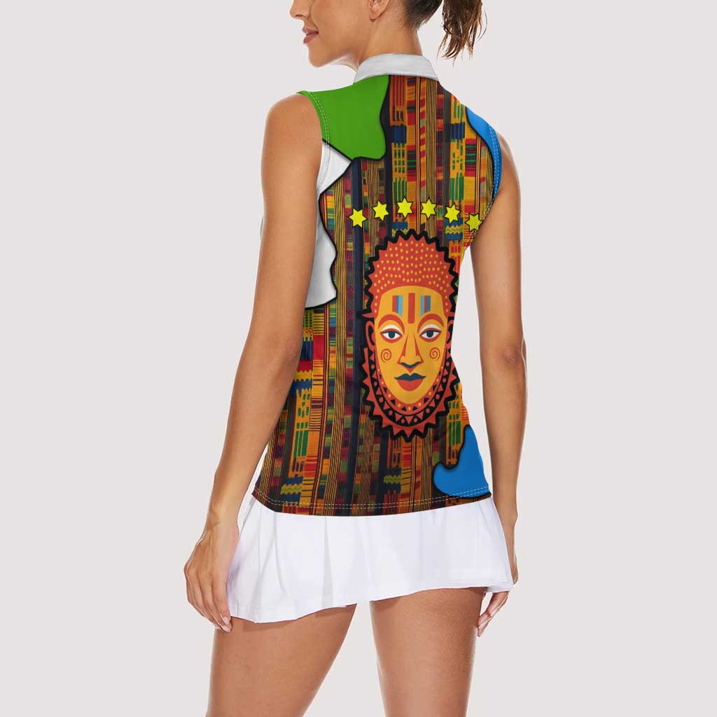 Equatorial Guinea Kente Women Sleeveless Polo Shirt with Tribal Mask and National Coat of Arms