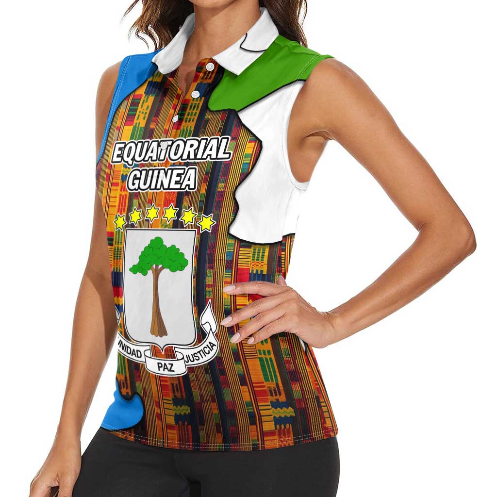 Equatorial Guinea Kente Women Sleeveless Polo Shirt with Tribal Mask and National Coat of Arms