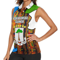 Equatorial Guinea Kente Women Sleeveless Polo Shirt with Tribal Mask and National Coat of Arms