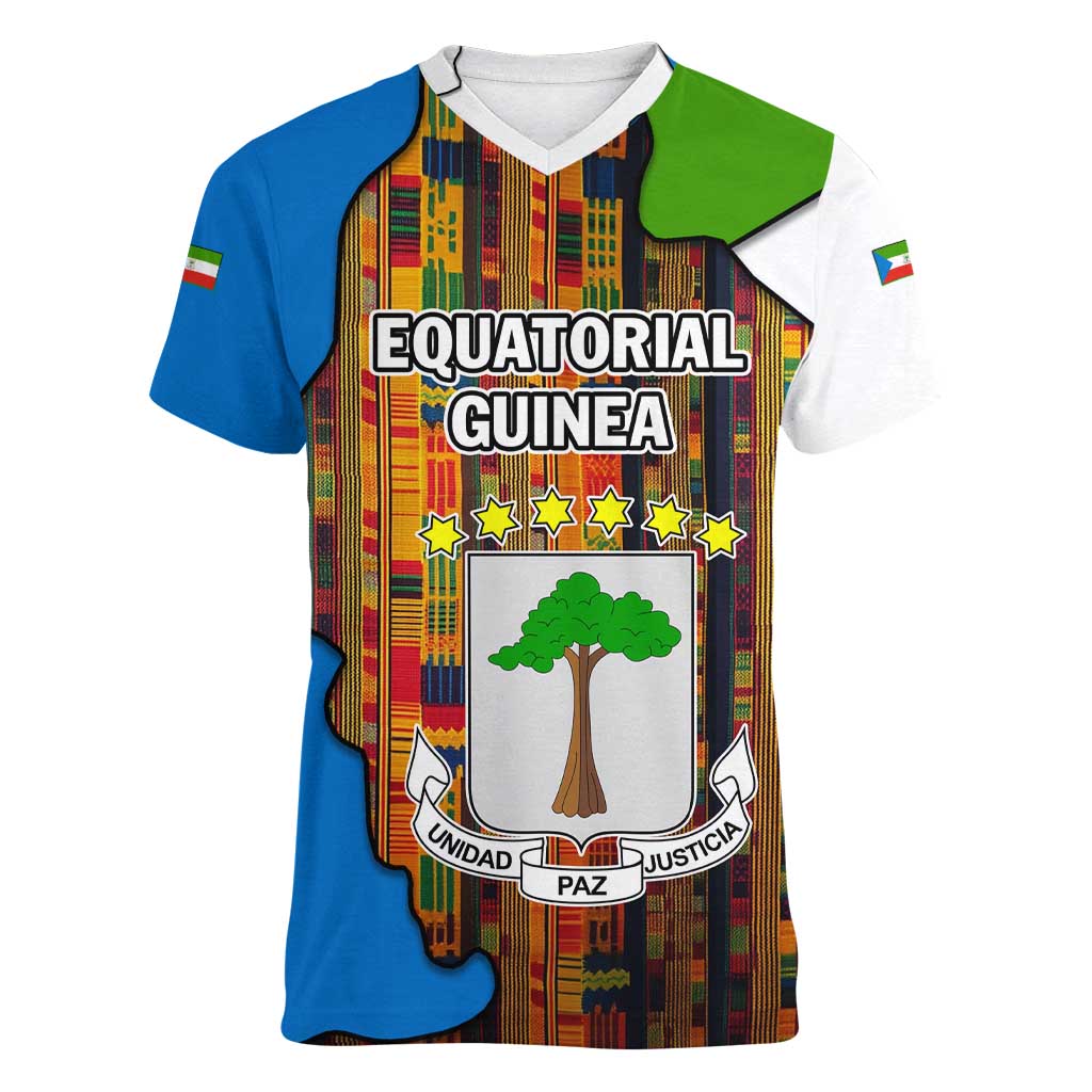 Equatorial Guinea Kente Women V-Neck T-Shirt with Tribal Mask and National Coat of Arms
