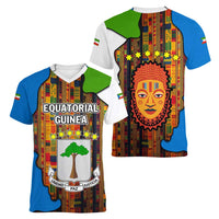 Equatorial Guinea Kente Women V-Neck T-Shirt with Tribal Mask and National Coat of Arms