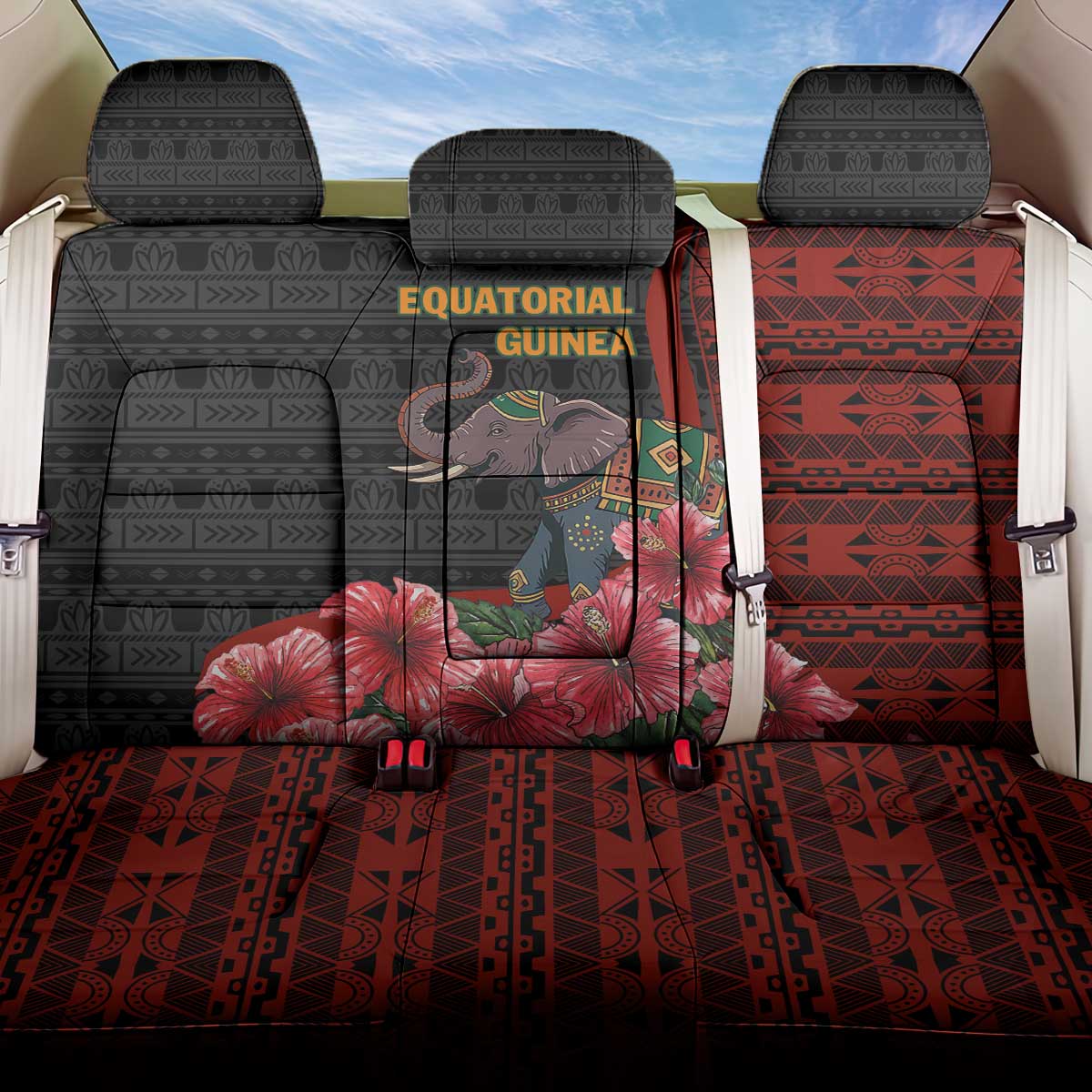 Equatorial Guinea Elephant Back Car Seat Cover with Hibiscus Flowers and Tribal Patterns