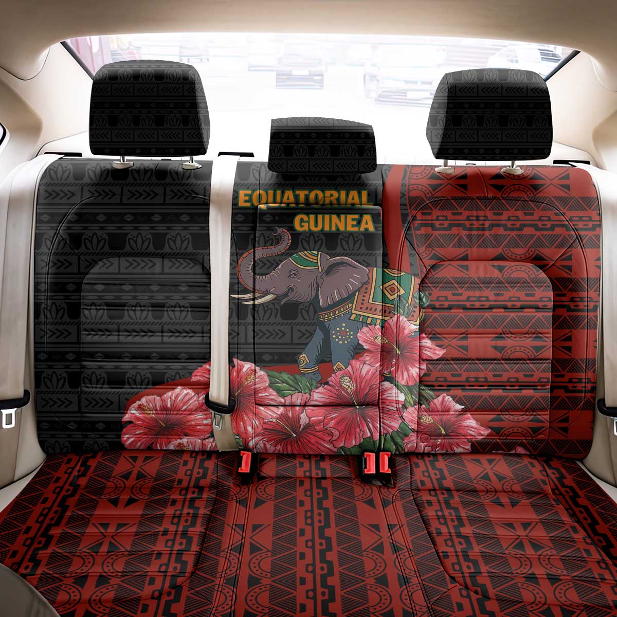 Equatorial Guinea Elephant Back Car Seat Cover with Hibiscus Flowers and Tribal Patterns