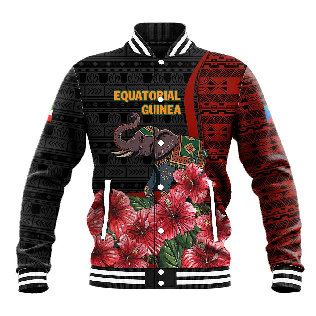 Equatorial Guinea Elephant Baseball Jacket with Hibiscus Flowers and Tribal Patterns
