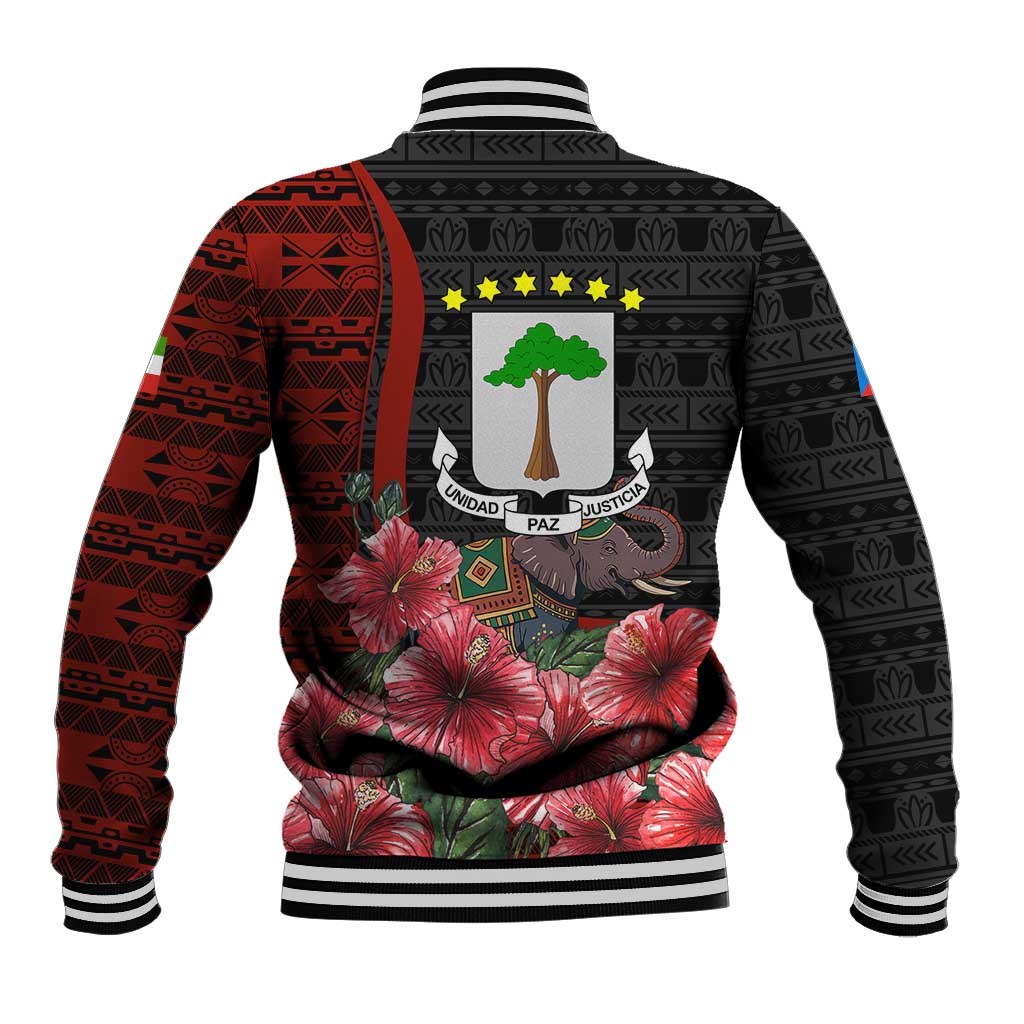 Equatorial Guinea Elephant Baseball Jacket with Hibiscus Flowers and Tribal Patterns
