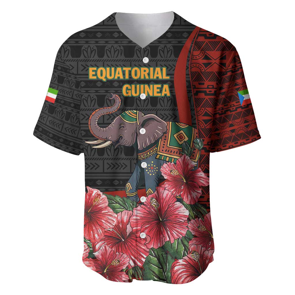 Equatorial Guinea Elephant Baseball Jersey with Hibiscus Flowers and Tribal Patterns