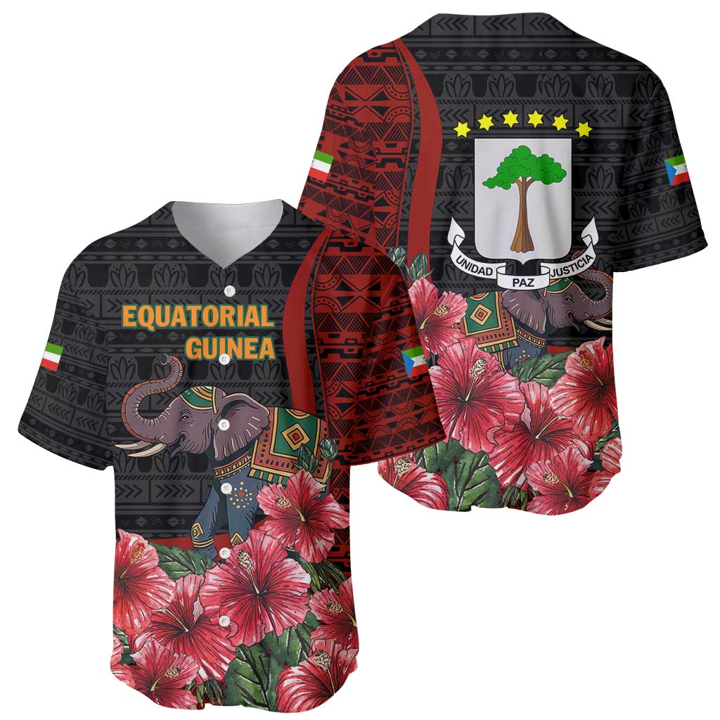 Equatorial Guinea Elephant Baseball Jersey with Hibiscus Flowers and Tribal Patterns