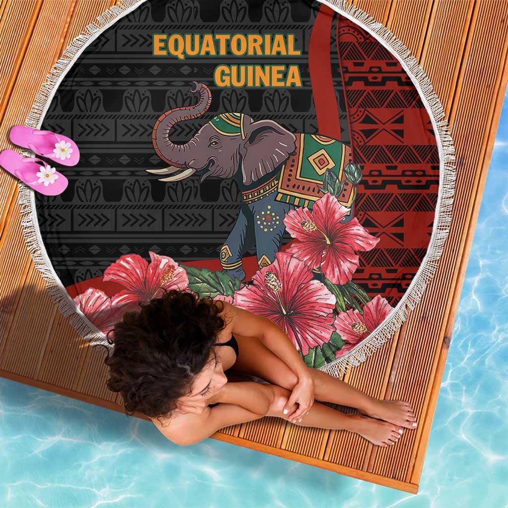 Equatorial Guinea Elephant Beach Blanket with Hibiscus Flowers and Tribal Patterns