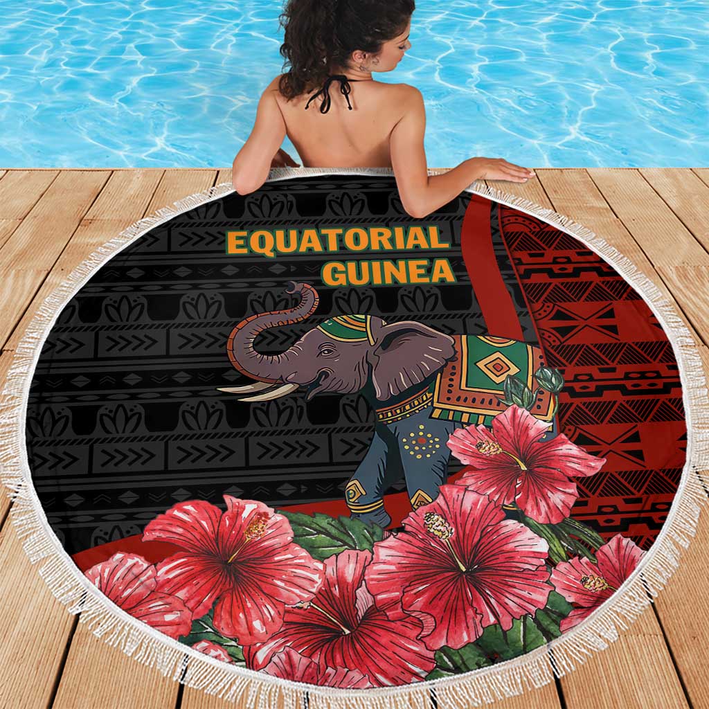 Equatorial Guinea Elephant Beach Blanket with Hibiscus Flowers and Tribal Patterns