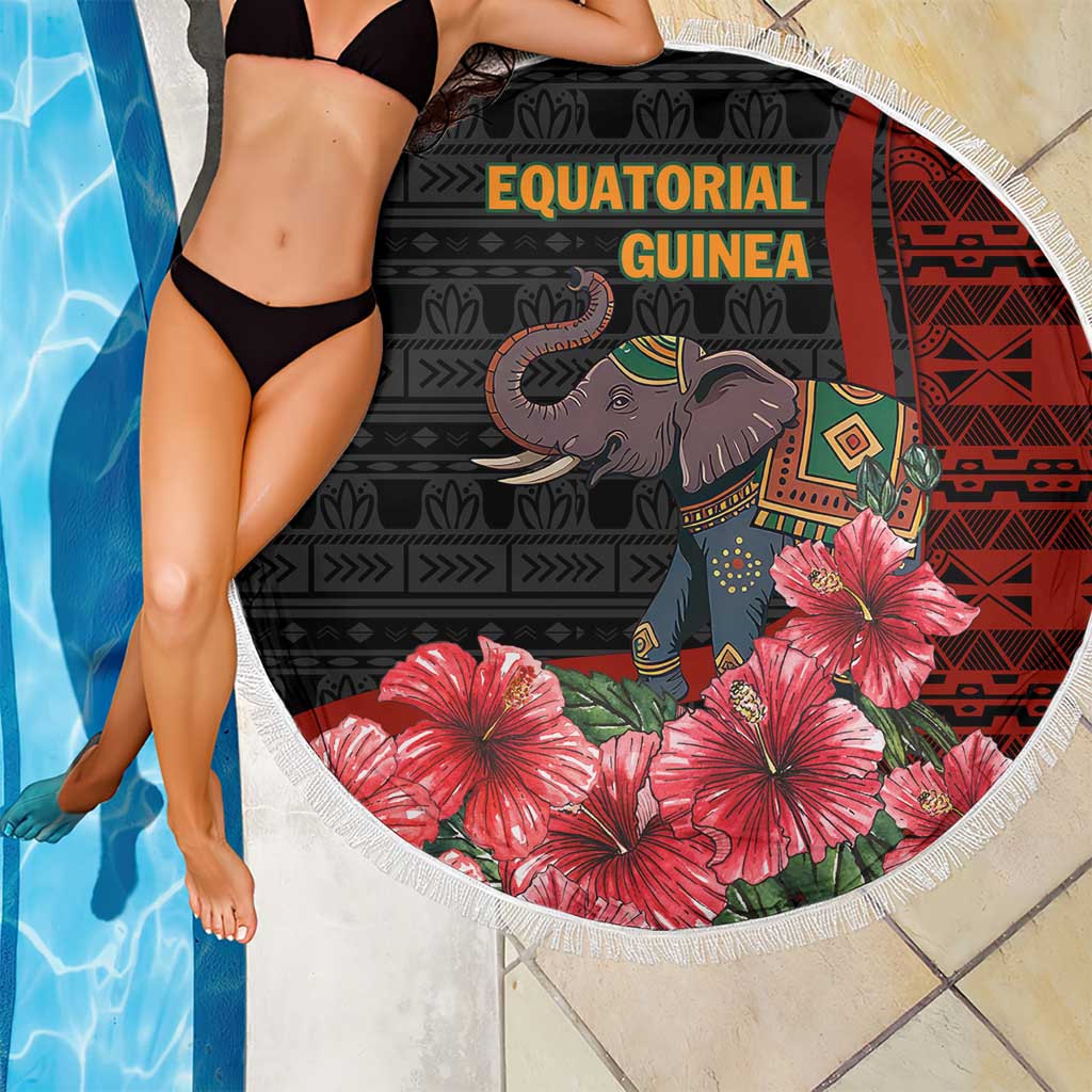 Equatorial Guinea Elephant Beach Blanket with Hibiscus Flowers and Tribal Patterns