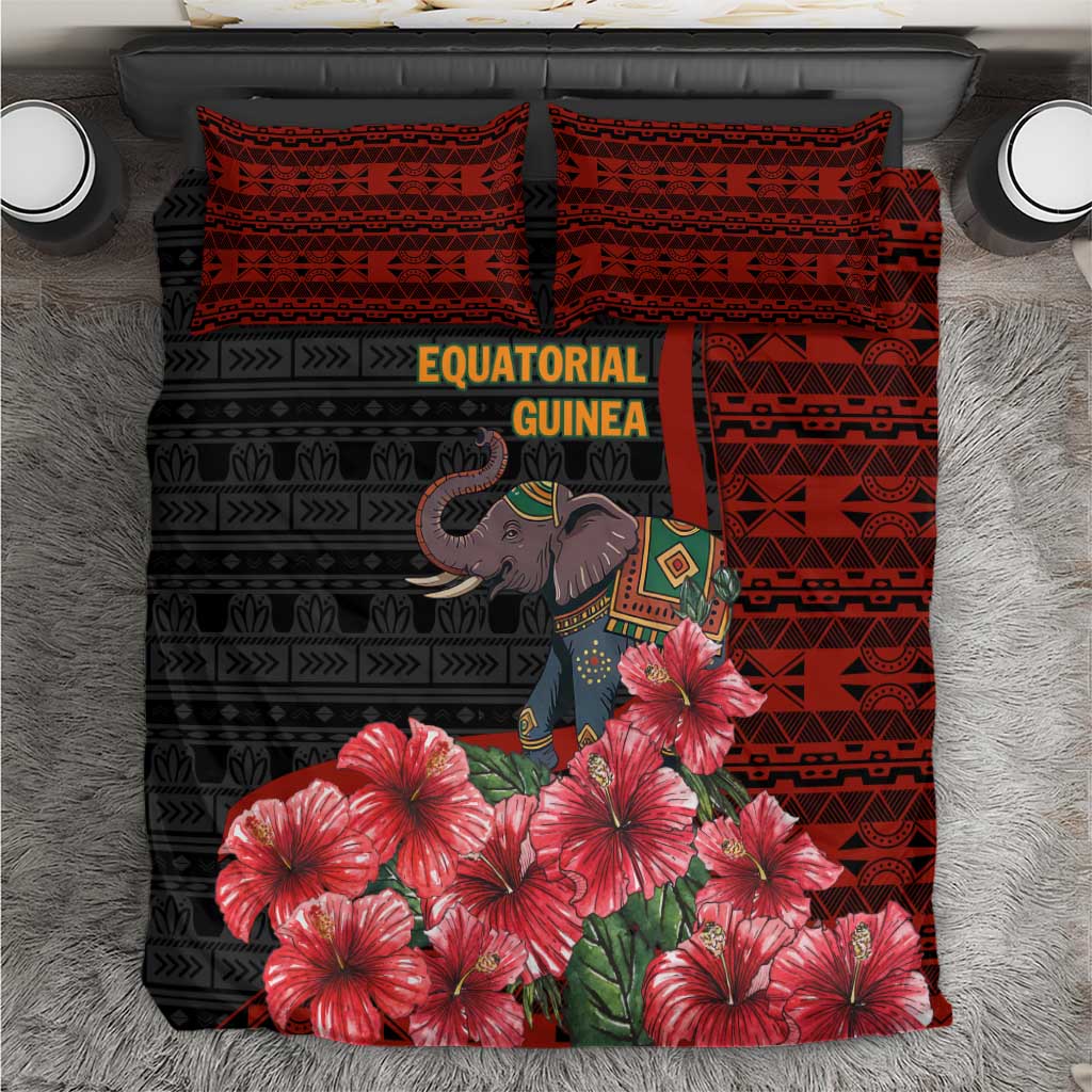 Equatorial Guinea Elephant Bedding Set with Hibiscus Flowers and Tribal Patterns