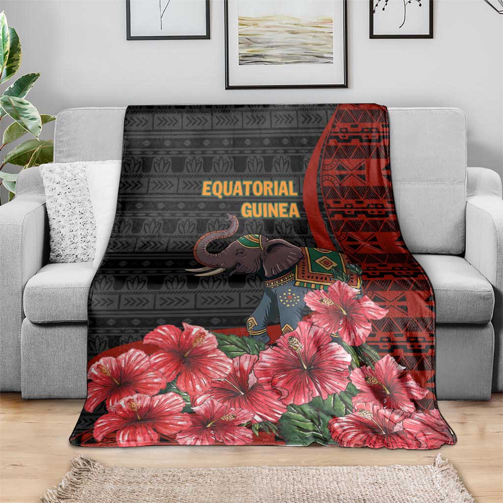Equatorial Guinea Elephant Blanket with Hibiscus Flowers and Tribal Patterns