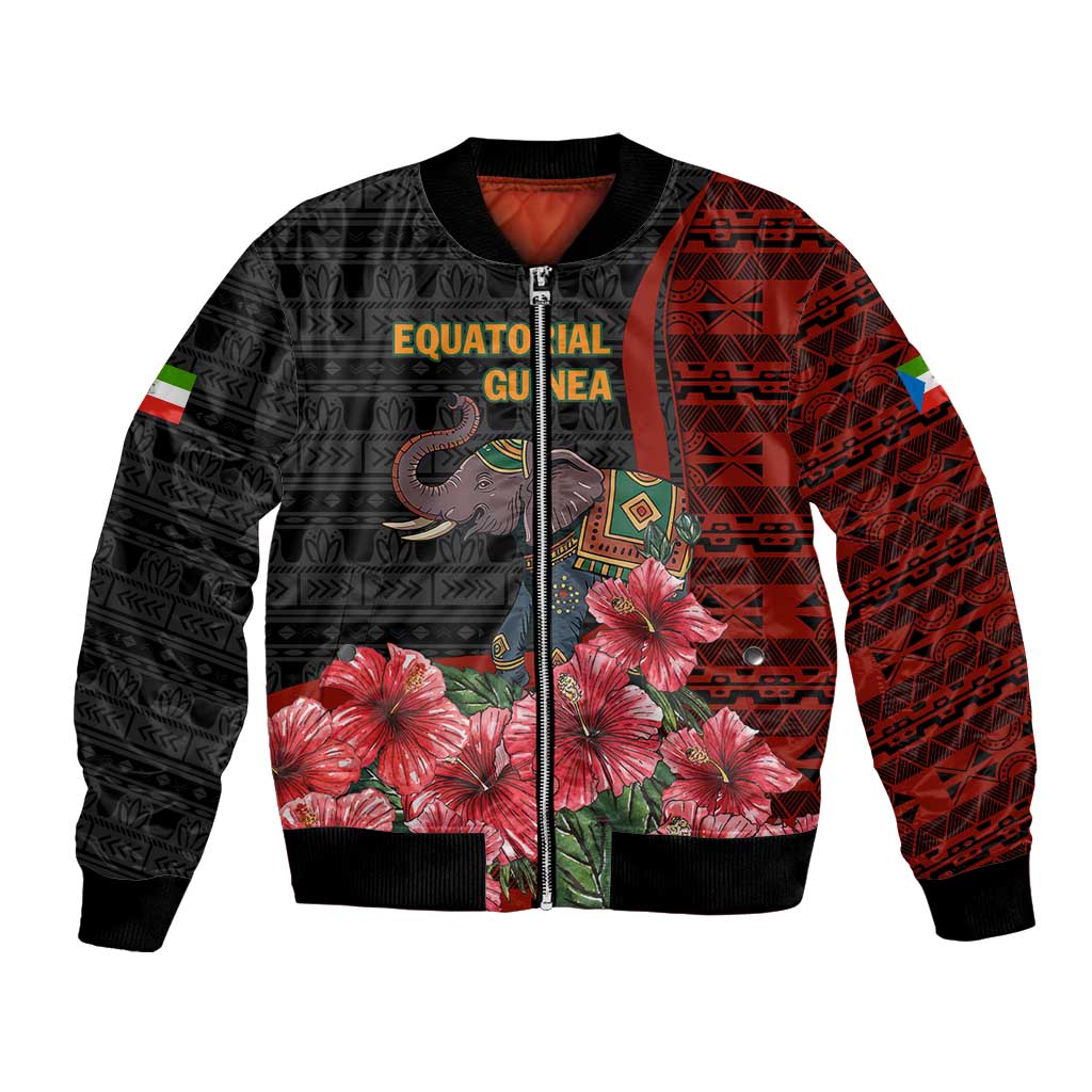 Equatorial Guinea Elephant Bomber Jacket with Hibiscus Flowers and Tribal Patterns