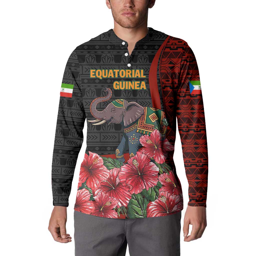 Equatorial Guinea Elephant Button Sweatshirt with Hibiscus Flowers and Tribal Patterns
