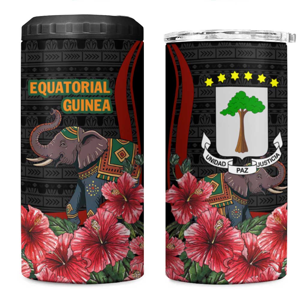 Equatorial Guinea Elephant 4 in 1 Can Cooler Tumbler with Hibiscus Flowers and Tribal Patterns