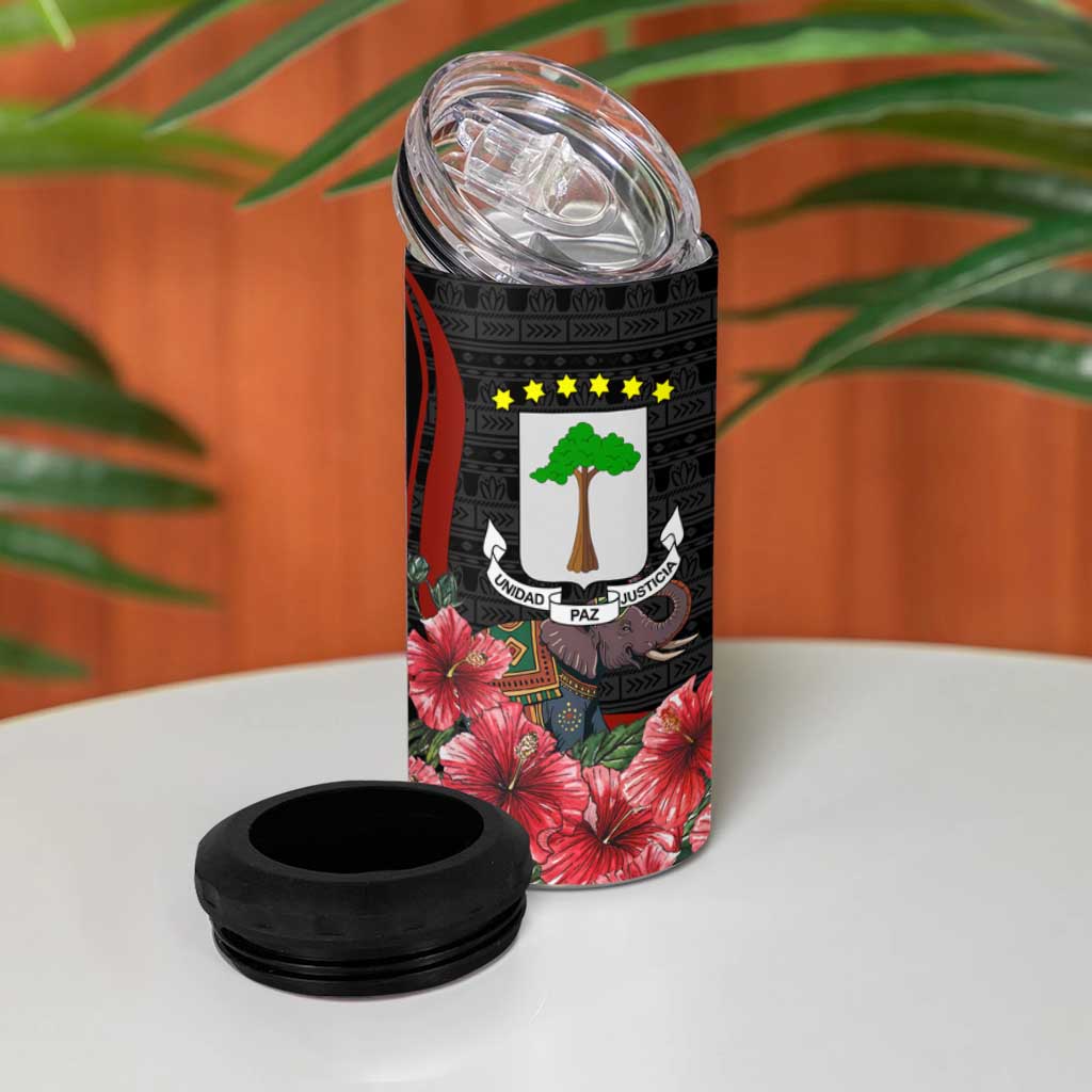 Equatorial Guinea Elephant 4 in 1 Can Cooler Tumbler with Hibiscus Flowers and Tribal Patterns