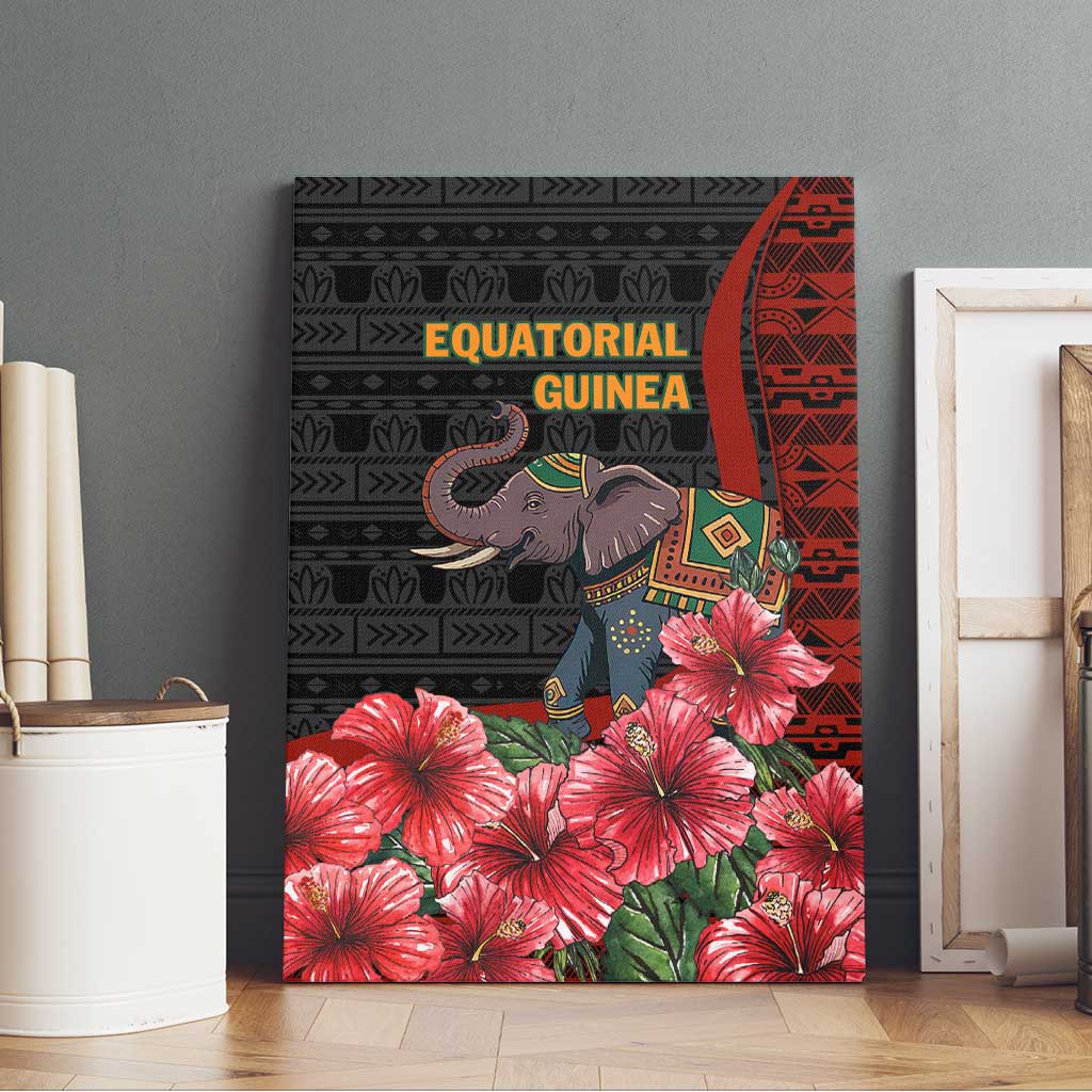 Equatorial Guinea Elephant Canvas Wall Art with Hibiscus Flowers and Tribal Patterns