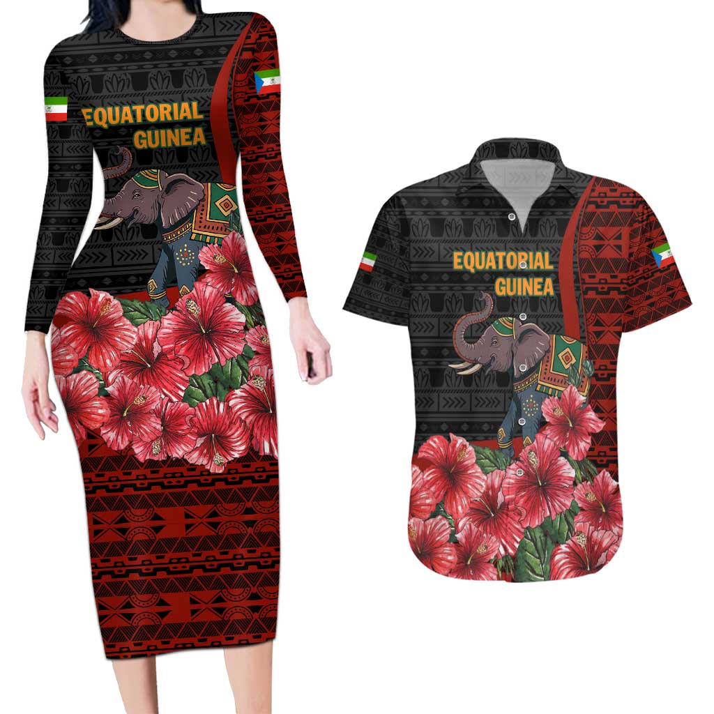 Equatorial Guinea Elephant Couples Matching Long Sleeve Bodycon Dress and Hawaiian Shirt with Hibiscus Flowers and Tribal Patterns