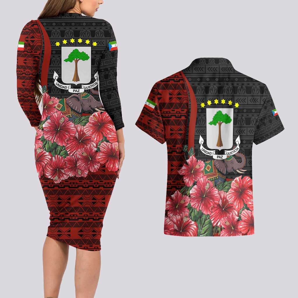 Equatorial Guinea Elephant Couples Matching Long Sleeve Bodycon Dress and Hawaiian Shirt with Hibiscus Flowers and Tribal Patterns