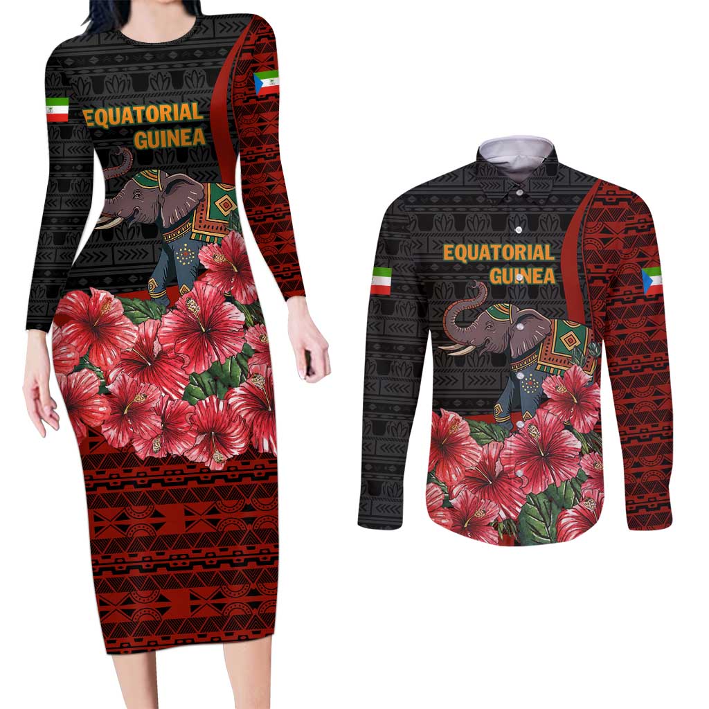 Equatorial Guinea Elephant Couples Matching Long Sleeve Bodycon Dress and Long Sleeve Button Shirt with Hibiscus Flowers and Tribal Patterns
