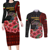 Equatorial Guinea Elephant Couples Matching Long Sleeve Bodycon Dress and Long Sleeve Button Shirt with Hibiscus Flowers and Tribal Patterns